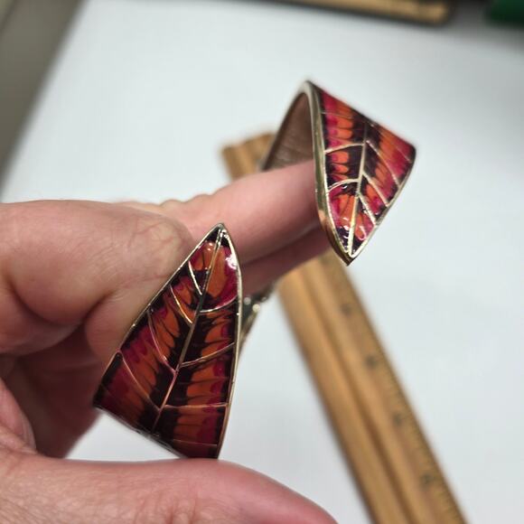 Vintage Statement Cuff Leaf Wrap Bracelet Artistic Enamel Brown Gold Boho Autumn - Picture 6 of 7